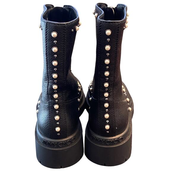 Jimmy Choo Nola Pearl Embellished Ankle Leather Combat Boots Grunge Goth Sz 6/36 - Picture 9 of 14